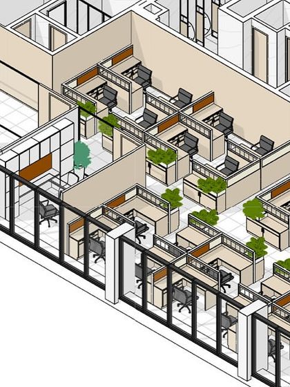 A zoomed-in axonometric view of the workstation layout for the IHCL office. This drawing demonstrates our space planning capabilities, ensuring an efficient and organized office environment.