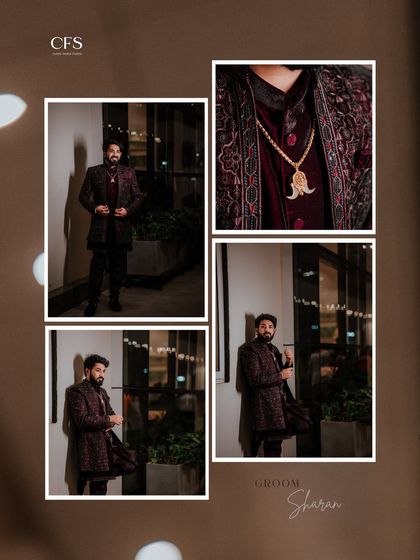 A collage showcasing the groom's stylish reception outfit. The details, like his unique pendant and the rich texture of the fabric, are highlighted in these portraits.