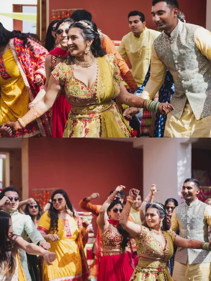 The beautiful bride herself, leading her friends on the dance floor during her Mehendi ceremony. It’s amazing to see everyone let loose and celebrate together with a choreographed routine that still feels spontaneous and fun.