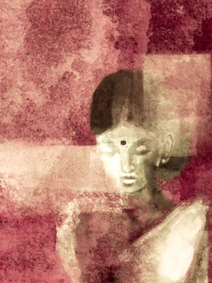 A close up detail of "Contemplating." You can see the fabric-like texture and the way the geometric shapes interact with the figure.