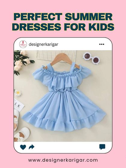 A breezy light blue off-shoulder summer dress for kids. The ruffled details make it a perfect choice for warm weather.