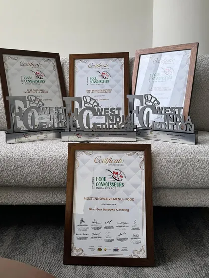 Our collection of trophies and certificates from the Food Connoisseurs India Awards. We were honoured to win for Most Innovative Menu, Best Customer Experience, and Best Service Provider.