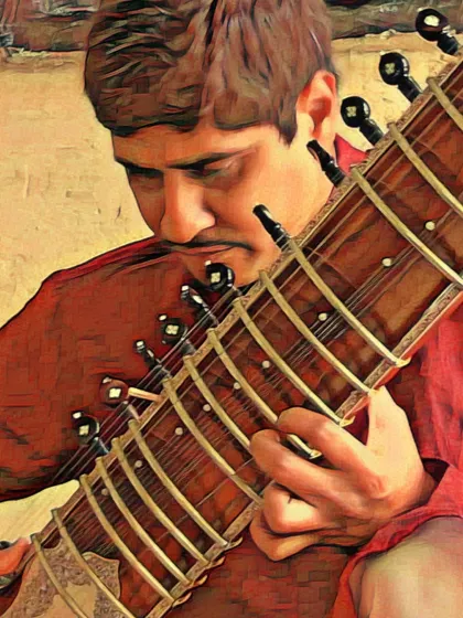 A close up shot, focusing on the connection between the artist and the instrument.