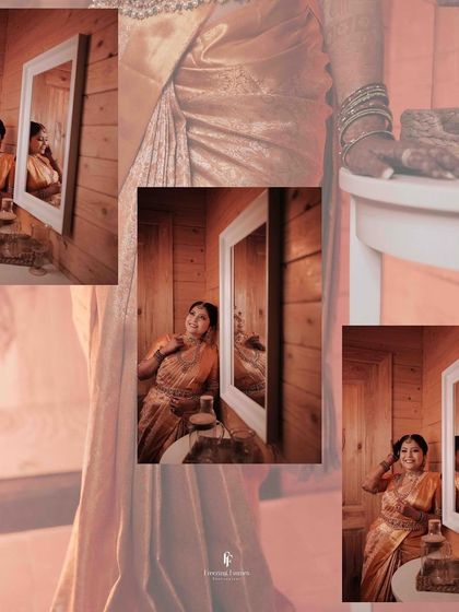 A collage showing the bride getting ready in a warm, wood-paneled room, creating a cozy and intimate atmosphere.