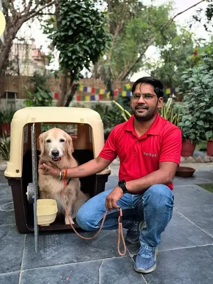 Morpal demonstrating how a pet should be comfortable inside their crate. We ensure there's enough room for them to stand up and turn around, as per IATA regulations.