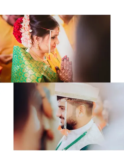 Candid portraits of the bride and groom during their puja. These shots capture their devotion and the solemnity of the rituals.