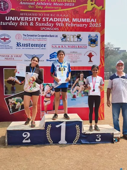 Fiyan Kasnavia on the podium after winning bronze in the 100m and silver in the long jump at the 40th Jal D. Pardiwala Annual Athletic Meet.