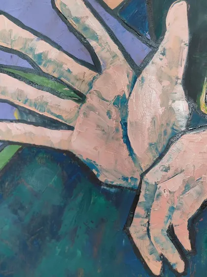 Detail of the hands in "I am that Horse, Elephant and the Peacock." The gesture is one of both shielding and revealing.