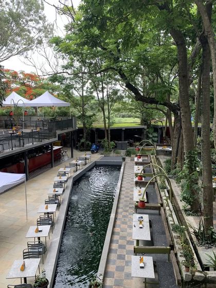 An overhead view of our multi-level outdoor dining area, featuring a long water channel and seating surrounded by trees.