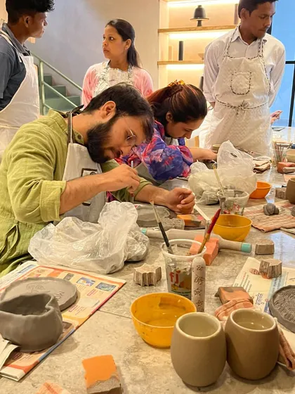 A full table of creativity. Our workshops are a great social event, bringing people together to learn a new skill in a relaxed environment.