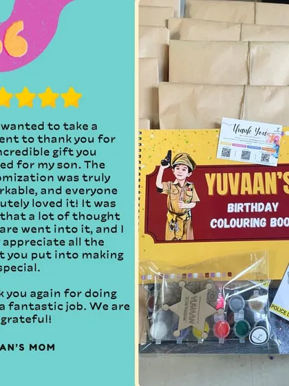 This parent was thrilled with the custom police-themed return gift we created, which included a personalized coloring book and a badge painting kit. We love putting thought and care into every detail.