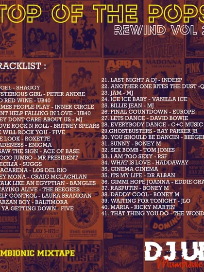 Here's the full tracklist for my "Top of the Pops Rewind" mixtape. It's a journey through the 80s and 90s with iconic artists like Queen, Michael Jackson, and the Bee Gees.