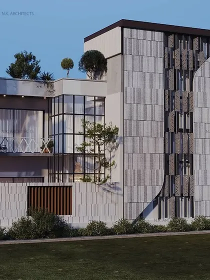 We love playing with contrasts in our facade designs. Here, we combined sleek straight lines with elegant curves. The statement staircase is designed within a unique tilt-able grid screen, which allows sunlight in while maintaining privacy from the road.