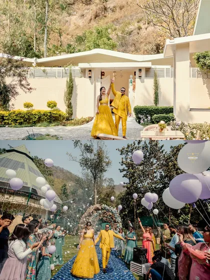A collage showing the couple's grand entry to their Mehendi ceremony, complete with balloons and cheering guests.