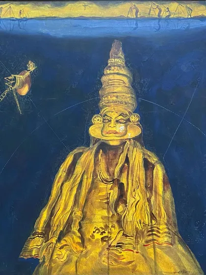 'Kathakali', a mixed-media on canvas by Aditya Basak from 2000. The painting captures the grandeur of the traditional Keralan dance form, contrasting the golden mask of the dancer against a deep blue background. This piece was offered at a zero reserve price in our No-Reserve Auction.