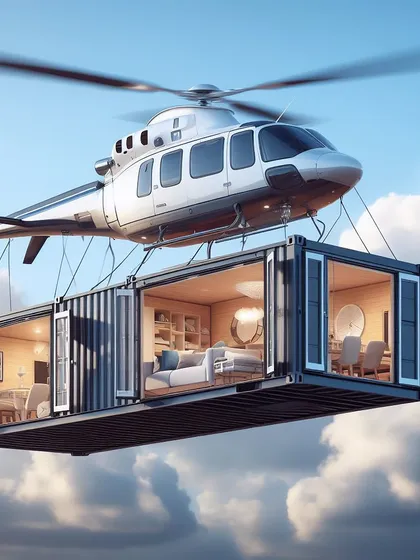 An AI-generated image of a helicopter delivering a two-part container home through the clouds.