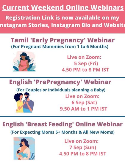 Here is a schedule for my weekend online webinars, including Early Pregnancy, Pre-Pregnancy, and Breast Feeding sessions. There is a class for every stage of your journey.