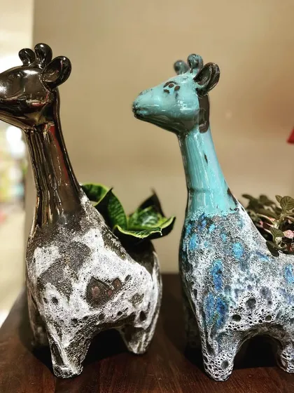Your planters can have personality too. I love finding unique pieces like these giraffe planters, which feature a creative mix of glazed and Atlantis finishes. They are a fun and stylish way to display smaller succulents and plants.