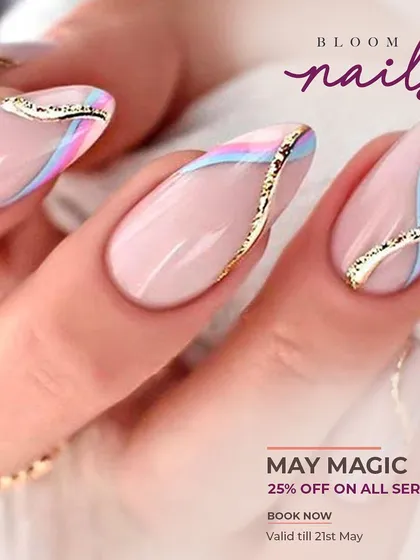 This abstract design features pastel blue and pink waves with a striking gold chrome accent.