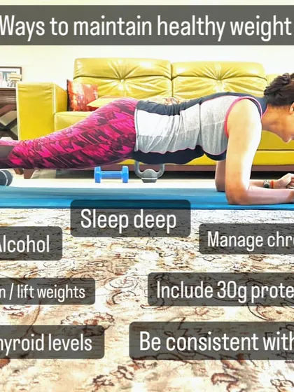 Maintaining a healthy weight, especially in midlife, is about more than just diet. Here I am demonstrating a plank, a great core exercise. My approach integrates strength training, deep sleep, and stress management to build a strong, resilient body.