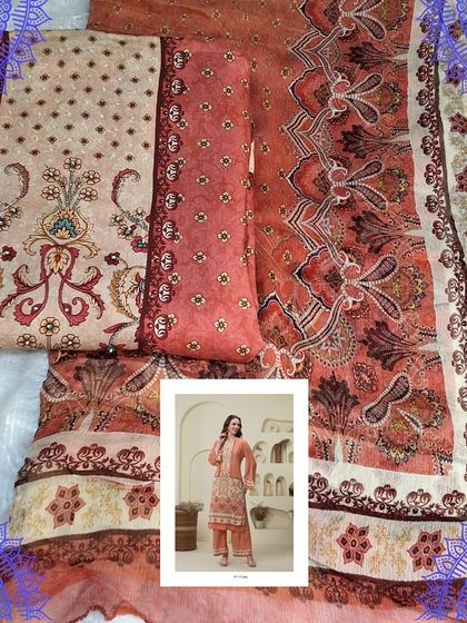 This Karachi-patterned dress material in shades of rust and beige offers a very elegant and earthy look. The muslin fabric is soft and drapes beautifully.