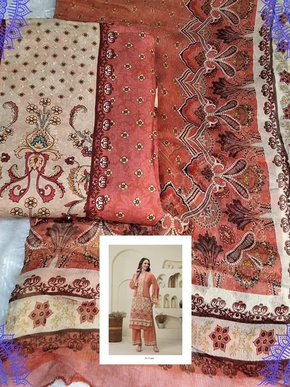 An earthy-toned dress material in muslin with a beautiful digital print. The intricate patterns are inspired by traditional designs, giving it a timeless appeal.