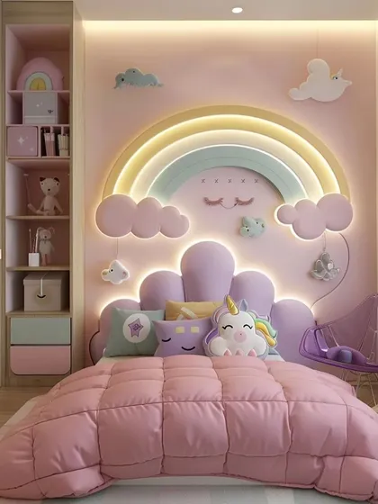 A custom bed with a cloud-shaped, purple-tufted headboard and a rainbow light feature. The room includes a built-in wardrobe with open shelving.