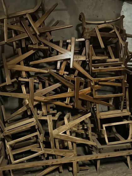 A pile of unfinished Pierre Jeanneret chair frames in my workshop, waiting for assembly and finishing.