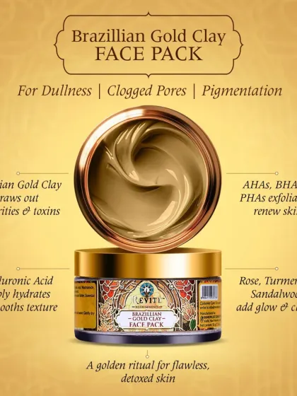 A golden ritual for flawless, detoxed skin. My Brazilian Gold Clay Face Pack draws out impurities, exfoliates with AHAs and BHAs, and deeply hydrates with Hyaluronic Acid for a smooth, clear complexion.