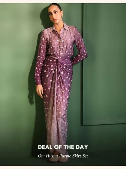 My Husna Purple Skirt Set is a modern, chic option for any party. The draped skirt and ombre print make it a real head turner.
