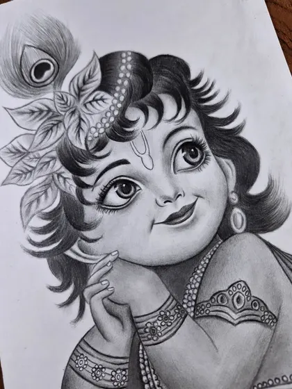An adorable sketch of Little Krishna, capturing his innocent and divine charm. These drawings are perfect for a child's room or a family prayer space.