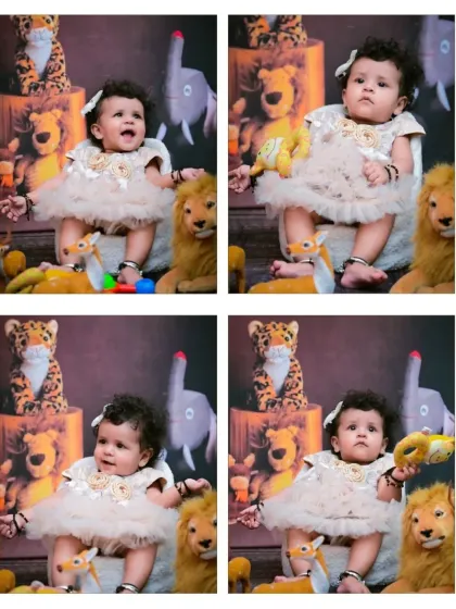 Another four-photo collage showcasing the variety of expressions from the jungle-themed session. These images are perfect for remembering all the little faces your baby makes at this age.