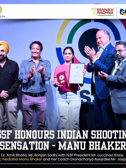 Our Vice President Dr. Amit Bhalla with ISSF President Mr. Luciano Rossi, honoring Indian shooting sensation Manu Bhaker for her spectacular Olympic performance.