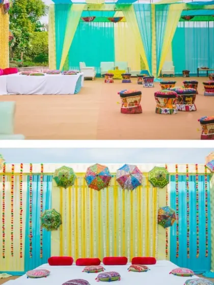 A collage showing different elements of a Mehendi decor setup. It highlights the colorful seating arrangements and the backdrop with traditional umbrellas and hangings.
