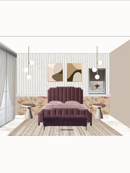 This mood board illustrates an English cottage style master bedroom. The design combines a floral wallpaper wainscot with a modern upholstered bed in a bold color, blending rustic charm with contemporary furniture for a fresh look.