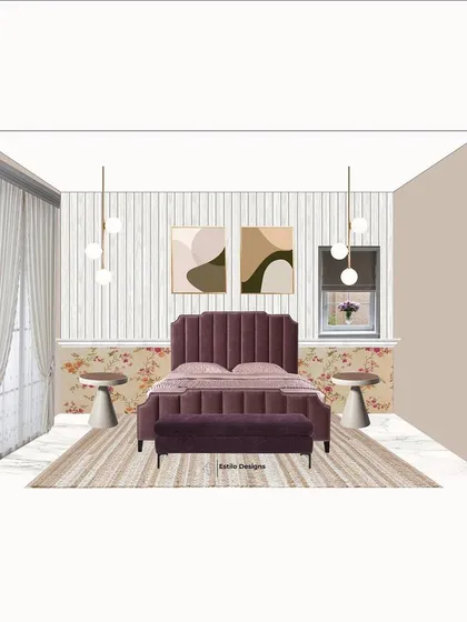 This mood board illustrates an English cottage style master bedroom. The design combines a floral wallpaper wainscot with a modern upholstered bed in a bold color, blending rustic charm with contemporary furniture for a fresh look.