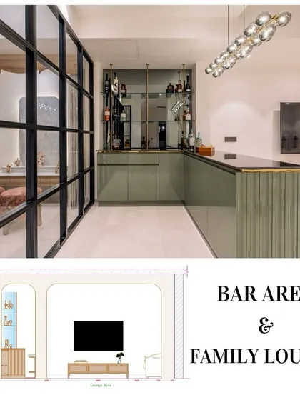 A comparison of our initial 2D layout for a bar and family lounge with the final executed space, showing how we translate plans into reality.