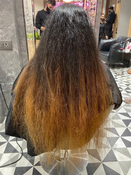 This image shows the starting point for a major hair transformation, with significant color banding and dryness that we are about to correct with our expert coloring techniques.