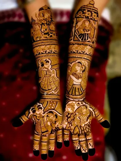 A full narrative design telling a story across both hands and arms, with multiple figures and scenes from a wedding.