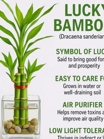 Lucky Bamboo is a symbol of good fortune and is incredibly easy to care for. This simple infographic highlights its main benefits, including its ability to grow in just water, purify the air, and tolerate low light conditions.