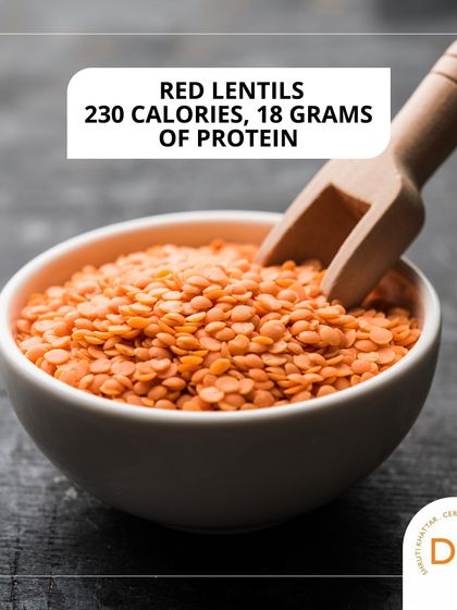Red lentils (masoor dal) contain 230 calories and 18 grams of protein per 100g serving. They cook quickly and are great for soups and stews.