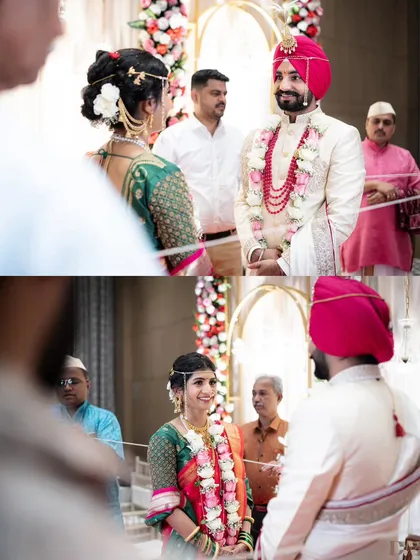 A collage capturing the sacred moment of the wedding ceremony, where the Punjabi groom and Maharashtrian bride exchange loving glances.