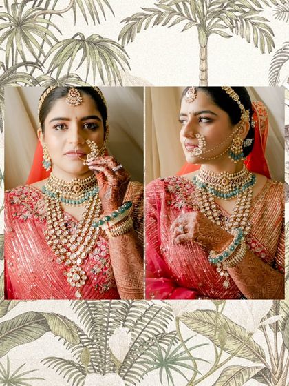 A detailed look at the bride's jewelry and makeup. We paired her red lehenga with a multi-layered kundan necklace set featuring green stones, which beautifully complemented the tones in her outfit.