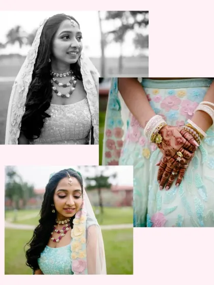 A collage of bridal portraits, including a classic black and white shot, a gentle color photo, and a close-up on her henna and bangles.