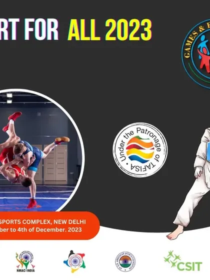 A final registration reminder for the "Sport for All 2023" festival at the Indira Gandhi Sports Complex. This poster emphasizes our patronage from TAFISA and hosting by our UN-recognized foundation, assuring participants of the event's credibility.