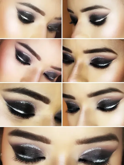 A collage showing the details of this creative graphic eyeliner look from multiple angles.