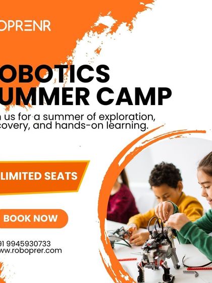 A promotional graphic for our Robotics Summer Camp, highlighting the hands-on learning and exploration that students experience.