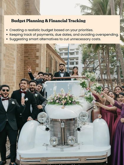 Part of my job is smart budget planning. This includes arranging for special elements like this beautiful vintage car for the 'baraat' while ensuring costs are tracked and unnecessary expenses are avoided.