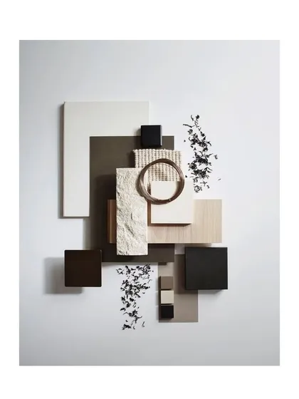 Our design process begins with a carefully curated mood board. Here, we explore a combination of textures and materials, including natural stone, light wood veneers, woven fabrics, and dark metal accents, to establish the visual and tactile direction for a project.