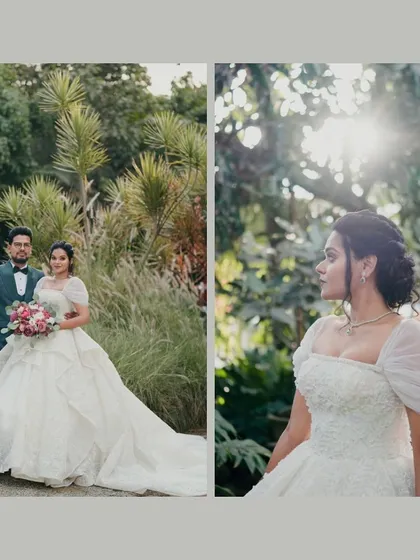 A stunning couple portrait session. The bride's magnificent gown stands out against the wild grasses and tropical plants, while the sun flares through the trees for a dramatic effect.